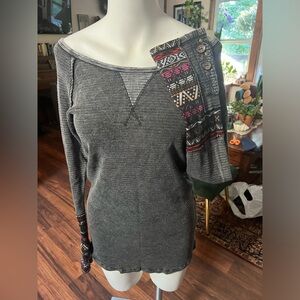 Waffle Knit Top with Embellished Sleeves